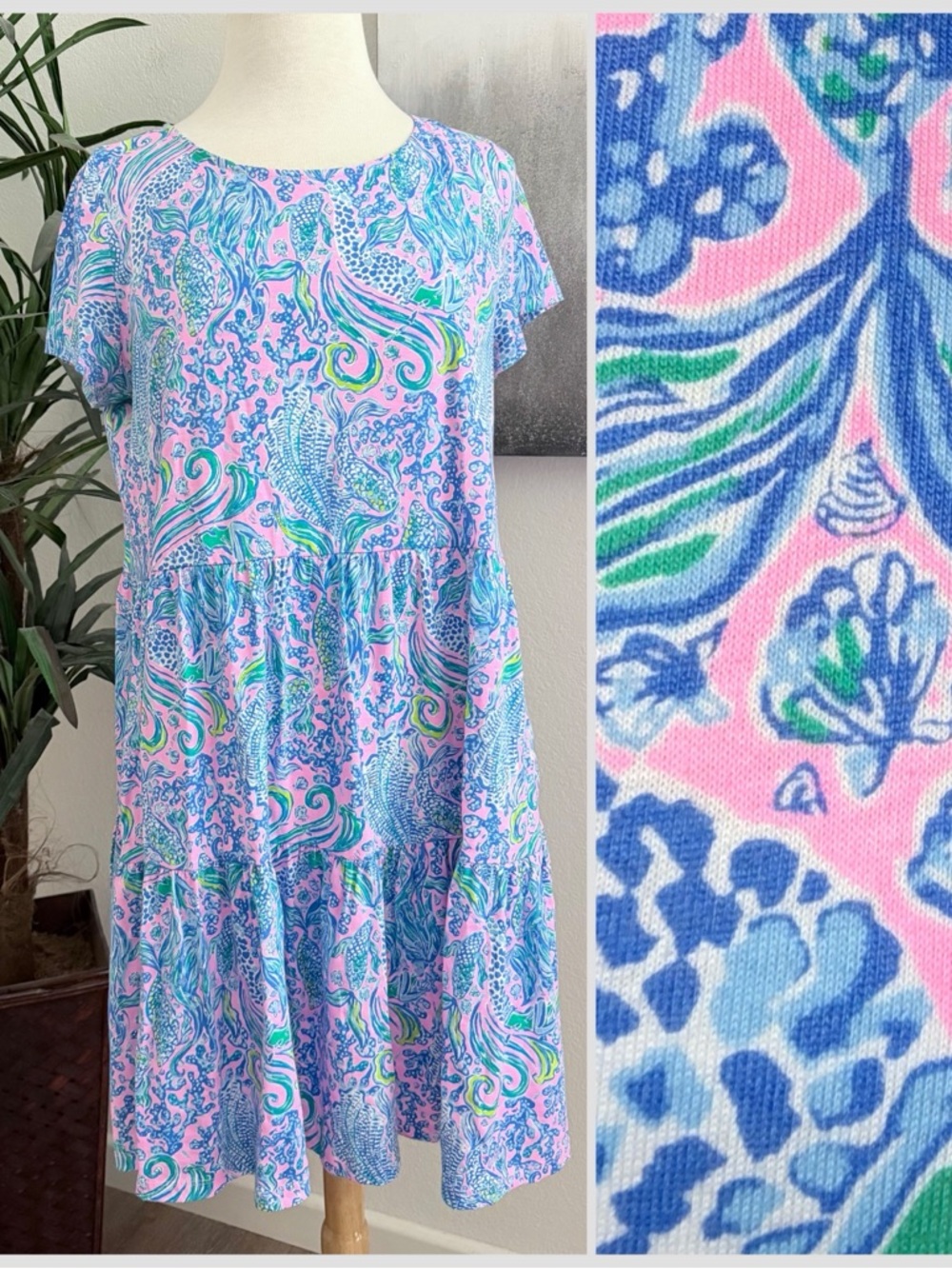NEW Lilly Pulitzer Pink Blue Beachy Print Tiered Cotton Dress Short Sleeve